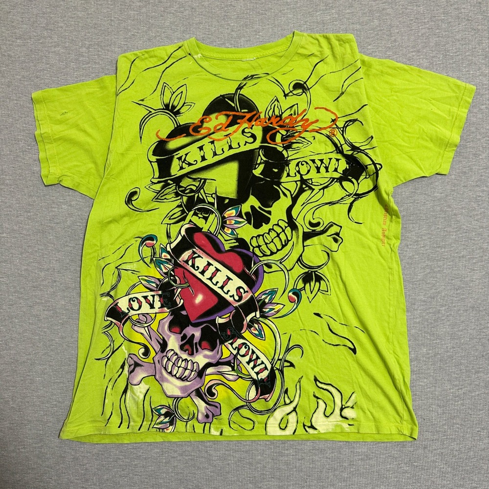 Ed Hardy Love Kills Slowly Christian Audigier T-Shirt Lime Green Mens Size XL